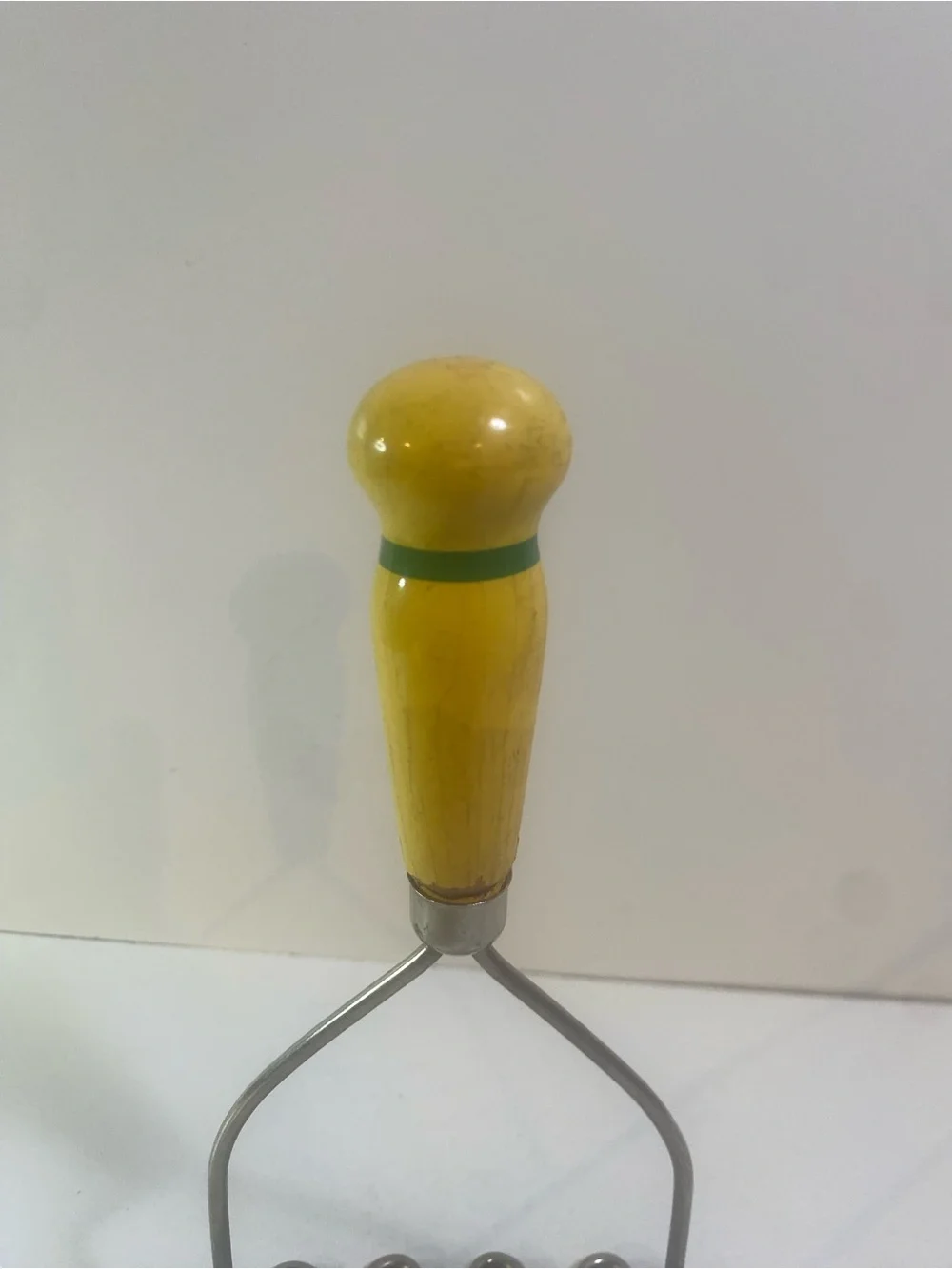 Vintage Wooden Bright Yellow Handle Green Stripe Potato Masher